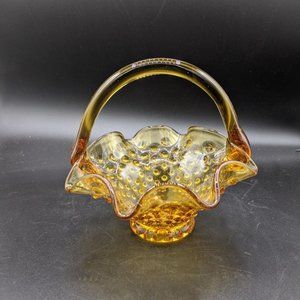 Amber Art Glass Hobnail Ruffled Edge Basket Applied Handle Vintage Candy Dish